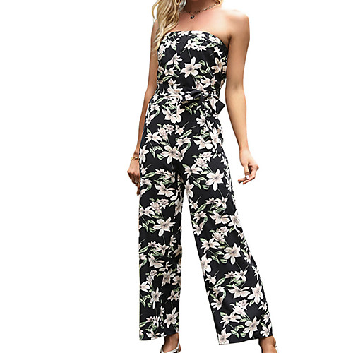 

Women's Streetwear Lace up Black Jumpsuit Floral Lace up Print