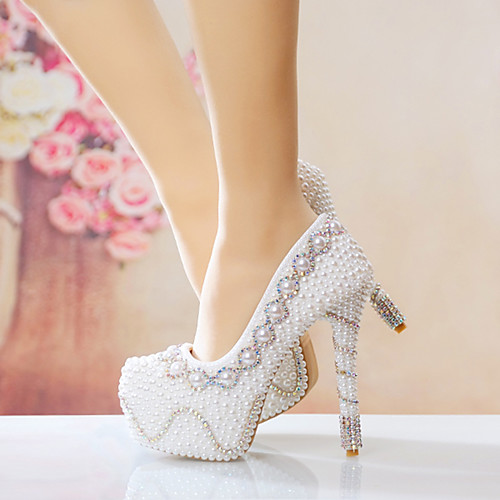 

Women's Wedding Shoes Platform Round Toe PU Crystal Pearl Sparkling Glitter Solid Colored Color Block White