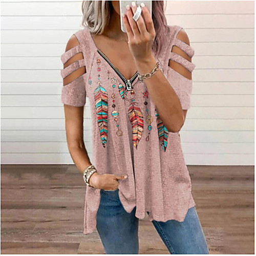 

Women's Blouse Shirt Graphic Cut Out Zipper V Neck Basic Casual Tops Loose Purple Blushing Pink Orange