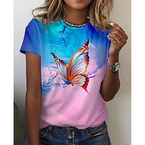 

Women's Butterfly T shirt Butterfly Color Block Print Round Neck Tops Basic Basic Top Blue