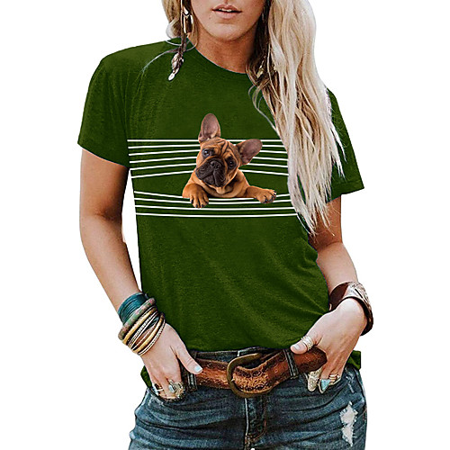 

Women's 3D Printed T shirt Striped Dog 3D Print Round Neck Basic Tops 100% Cotton Blushing Pink Green Brown