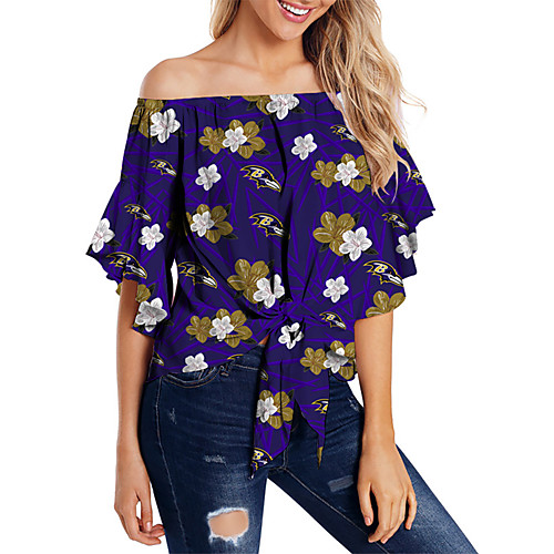 

Women's Blouse Shirt Floral Print Off Shoulder Hawaiian Beach Tops Navy Blue