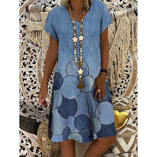 

Women's A Line Dress Knee Length Dress Blue Royal Blue Light Blue Short Sleeve Floral Print Geometric Print Spring Summer V Neck Elegant Casual 2021 S M L XL XXL 3XL 4XL 5XL