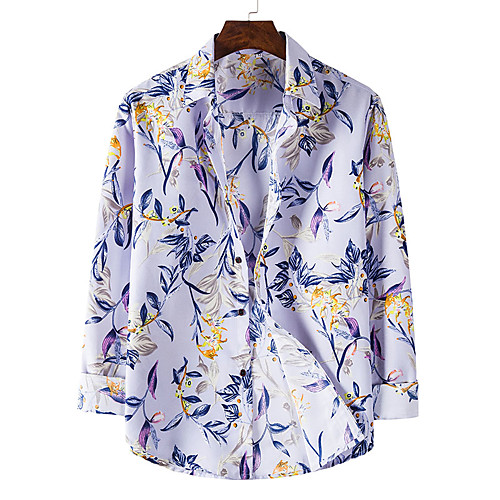 

Men's Shirt Other Prints Graphic Leaves Long Sleeve Casual Tops Casual White Blue Light Purple