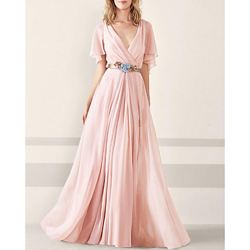 

A-Line Elegant Formal Evening Dress Plunging Neck Short Sleeve Sweep / Brush Train Chiffon with Sash / Ribbon Appliques 2021