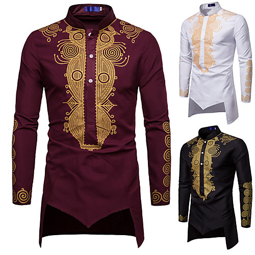 

Men's Shirt Other Prints Tribal Plus Size Print Long Sleeve Daily Tops Ethnic Style Basic Standing Collar Wine White Black