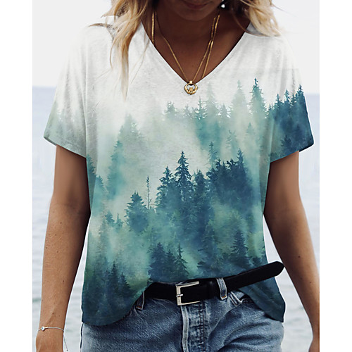 

Women's Floral Theme Painting T shirt Plants Scenery Print V Neck Basic Tops Green