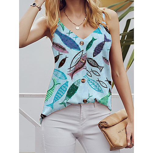 

Women's Holiday Camisole Blouse Tank Top Graphic Fish Button Print V Neck Streetwear Boho Tops Blue Yellow Blushing Pink