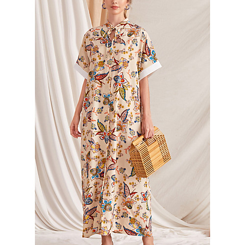 

Women's A Line Dress Maxi long Dress Blue Yellow Black Red Navy Blue Beige Short Sleeve Print Color Block Patchwork Print Spring Summer Casual 2021 S M L XL