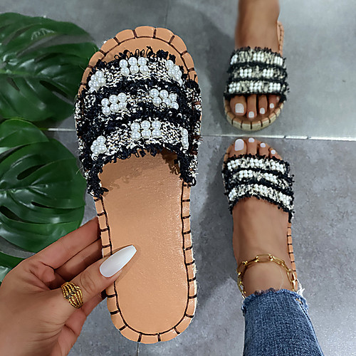

Women's Sandals Espadrilles Outdoor Slippers Flat Heel Round Toe PU Imitation Pearl Flower Solid Colored White Black Light Pink
