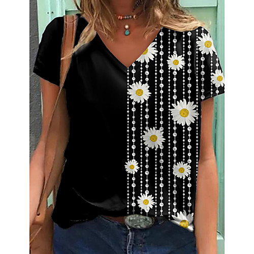 

Women's Floral Theme Painting T shirt Floral Striped Daisy Print V Neck Basic Tops Black