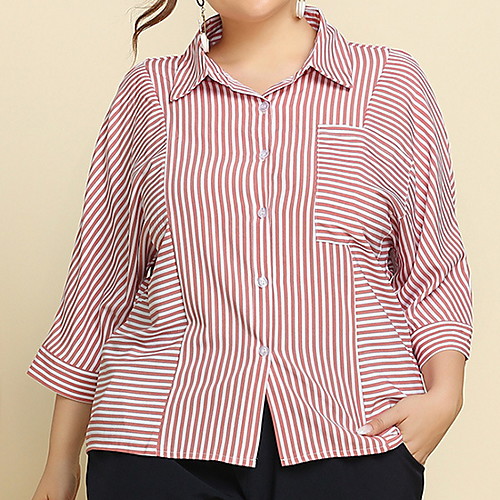 

Women's Plus Size Tops Shirt Striped Pocket Patchwork Long Sleeve Shirt Collar Blushing Pink Big Size XL XXL 3XL 4XL