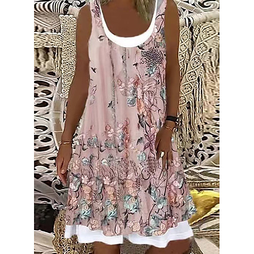 

Women's Shift Dress Knee Length Dress Blushing Pink Black Beige Sleeveless Print Summer Round Neck Casual 2021 S M L XL XXL 3XL
