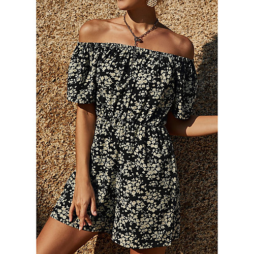 

Women's Ordinary Off Shoulder Black Blue Romper Floral Print