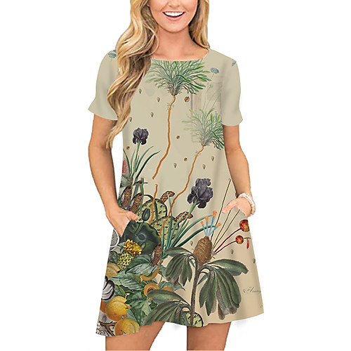 

Women's T Shirt Dress Tee Dress Short Mini Dress Khaki Short Sleeve Floral Print Pocket Print Spring Summer Round Neck Casual Holiday 2021 S M L XL XXL 3XL