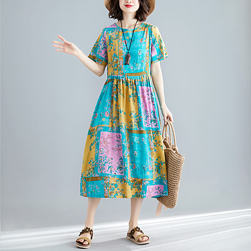 

2021 summer new style cotton and linen print wrinkle temperament age-reducing loose and thin mid-length round neck short-sleeved dress