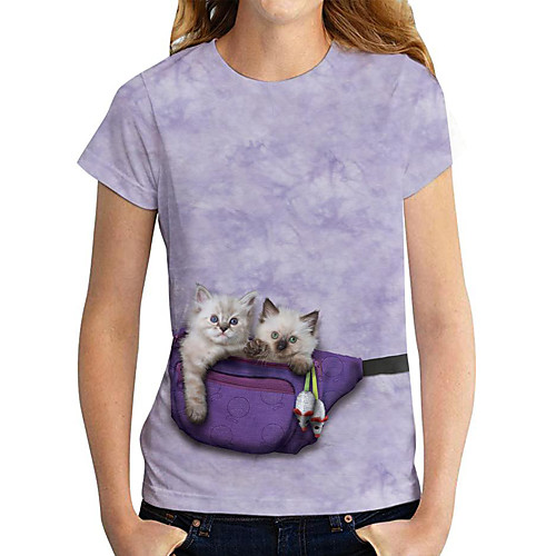 

Women's 3D Cat T shirt Cat Animal Print Round Neck Basic Tops Purple