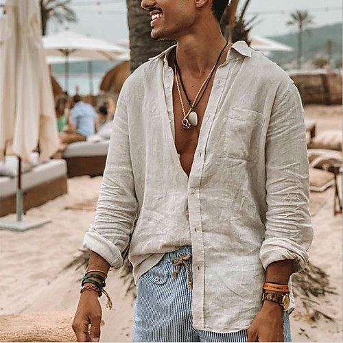 

Men's Tee Shirt Solid Color Long Sleeve Daily Tops Cotton Simple Button Down Collar Green White / Beach