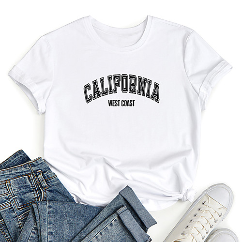 

Women's T shirt Graphic Letter Print Round Neck Tops 100% Cotton Basic Basic Top White