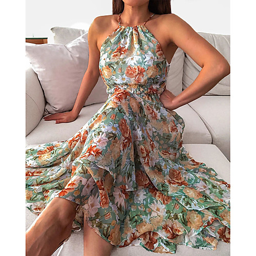 

Women's Swing Dress Maxi long Dress Green Red Sleeveless Print Flower Spring Summer Casual / Daily 2021 S M L XL