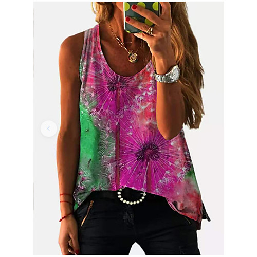 

Women's Holiday Floral Theme Blouse Tank Top T shirt Floral Abstract Dandelion Print U Neck Basic Streetwear Tops Blue Yellow Blushing Pink