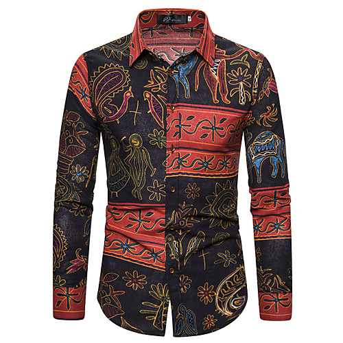 

Men's Shirt Other Prints Graphic Long Sleeve Casual Tops Ethnic Style Black