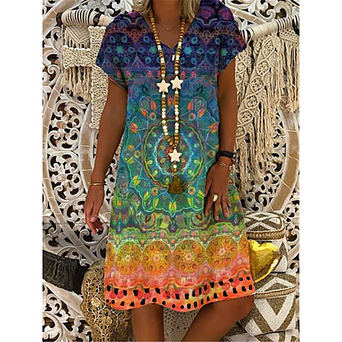 

Women's T Shirt Dress Tee Dress Knee Length Dress Blue Yellow khaki Green Short Sleeve Print Spring Summer Casual / Daily 2021 S M L XL XXL XXXL 4XL 5XL