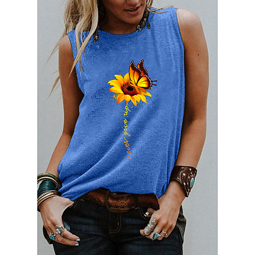 

Women's Holiday Tank Top Vest T shirt Graphic Butterfly Sunflower Print Round Neck Basic Tops Blue Purple Light gray / Going out
