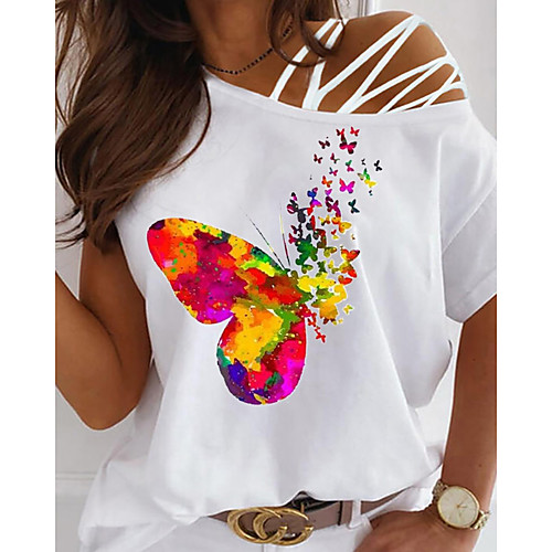 

Women's Bohemian Theme T shirt Graphic Print One Shoulder Elegant Tops Red Gold Rainbow