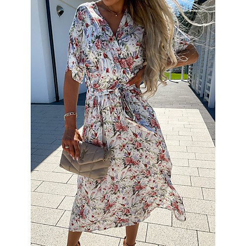 

Women's Swing Dress Midi Dress White Black Red Short Sleeve Print Spring Summer Casual / Daily 2021 S M L XL