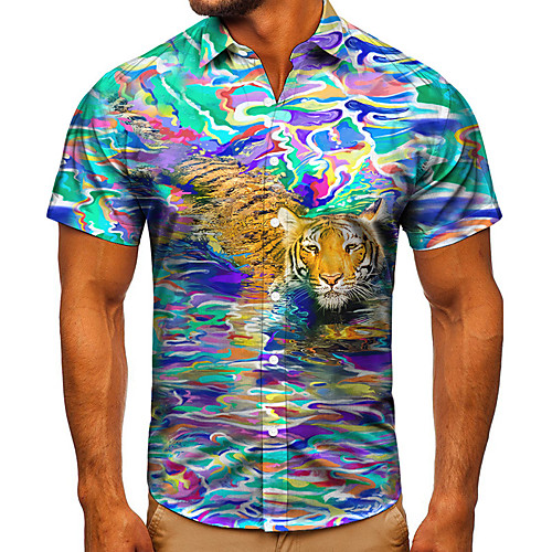 

Men's Shirt 3D Print Graphic Prints Tiger Button-Down Short Sleeve Street Tops Casual Fashion Classic Breathable Blue