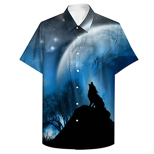 

Men's Shirt 3D Print Moon Wolf Plus Size 3D Print Button-Down Short Sleeve Casual Tops Casual Fashion Breathable Comfortable Blue / Sports