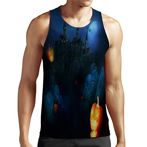 

Men's Unisex Tank Top Undershirt 3D Print Halloween Graphic Prints Pumpkin Plus Size Print Sleeveless Casual Tops Basic Designer Big and Tall Blue