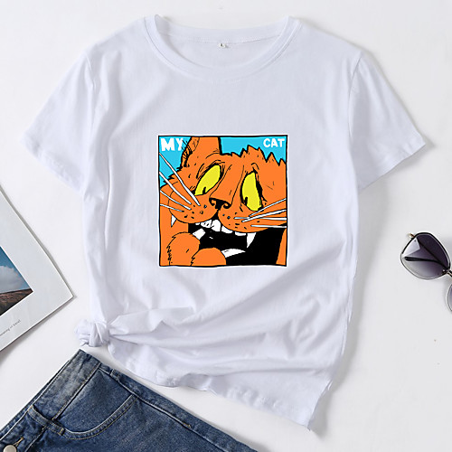 

Women's T shirt Cat Letter Print Round Neck Tops Cotton Basic Basic Top White Black Blue