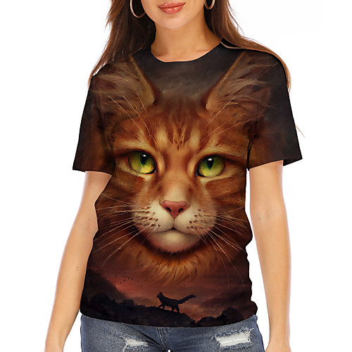 

Women's Cat 3D Printed 3D Cat T shirt Cat 3D Animal Print Round Neck Basic Tops Brown