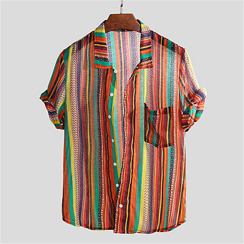 

Men's Shirt Striped Button-Down Short Sleeve Casual Tops Lightweight Casual Fashion Breathable Red Green Brown