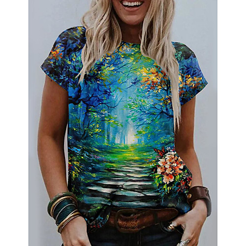 

Women's Floral Theme Painting T shirt Plants Scenery Print Round Neck Basic Tops Green