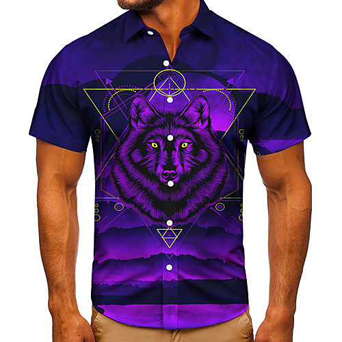 

Men's Shirt 3D Print Graphic Prints Wolf Button-Down Short Sleeve Street Tops Casual Fashion Classic Breathable Purple