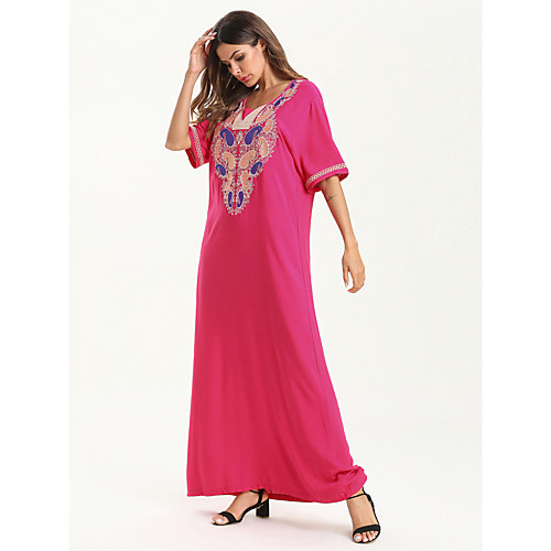 

Women's Swing Dress Maxi long Dress Rose Red Short Sleeve Print Spring Summer Elegant & Luxurious 2021 M L XL XXL