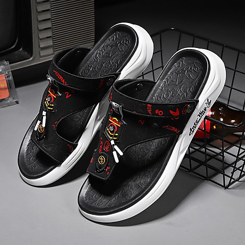 

Men's Sandals Beach Daily Nappa Leather Breathable Non-slipping Wear Proof Black and White Black / Red Summer