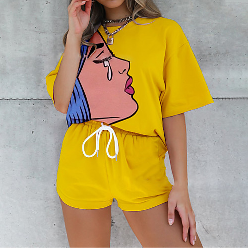 

Women's Basic Print Vacation Casual / Daily Two Piece Set Tracksuit T shirt Loungewear Biker Shorts Drawstring Print Tops