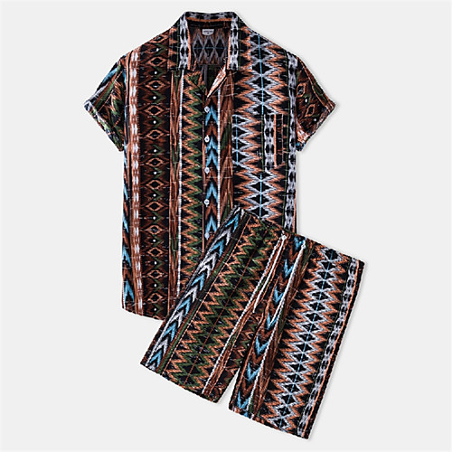 

Men's Shirt Suits Shirt Tribal Button-Down Short Sleeve Casual Tops Cotton Casual Fashion Hawaiian Breathable Brown