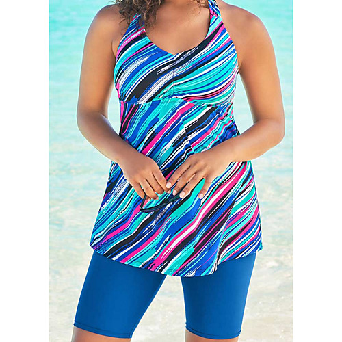 

Women's Tankini 2 Piece Swimsuit Slim Print Color Block Blue Swimwear Padded Vest Strap Bathing Suits New Casual Sexy / Padded Bras