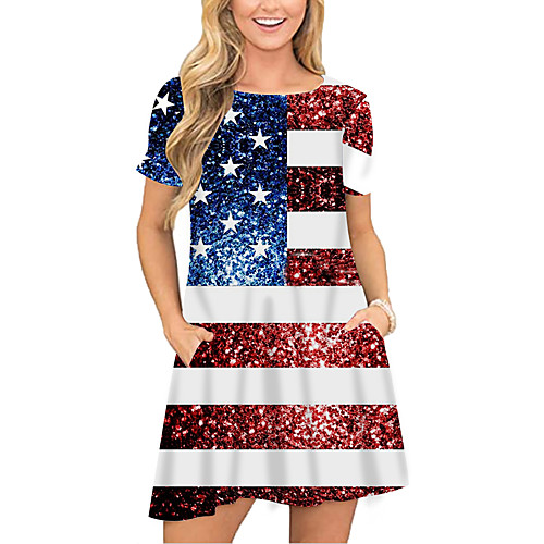 

Women's T Shirt Dress Tee Dress Short Mini Dress Red Short Sleeve Flag Pocket Print Spring Summer Round Neck Casual Holiday 2021 S M L XL XXL 3XL