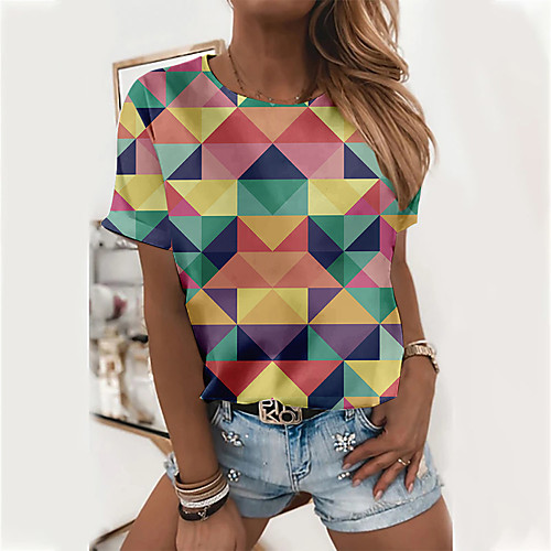 

Women's Geometric T shirt Color Block Geometric Print Round Neck Basic Tops Green