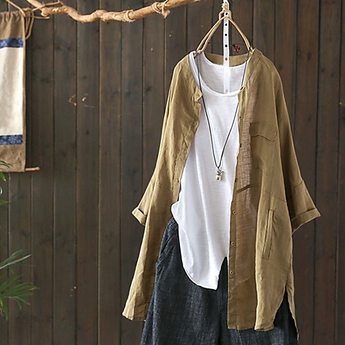 

Women's Coat Casual / Daily Summer Long Coat Shirt Collar Regular Fit Casual Jacket Solid Color khaki White