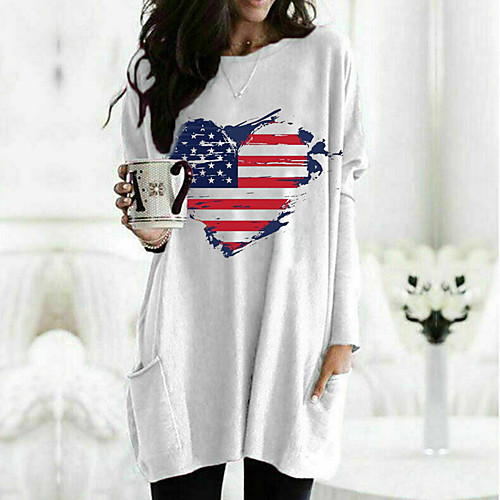 

Women's T shirt Graphic Heart Flag Long Sleeve Pocket Round Neck Tops 100% Cotton Basic Basic Top White Black Fuchsia