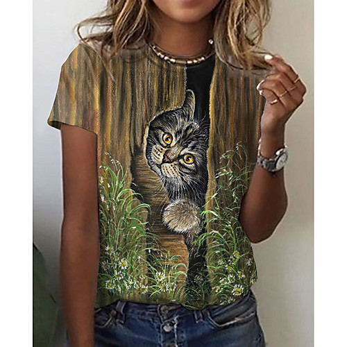 

Women's Floral Theme T shirt Cat 3D Animal Print Round Neck Tops Basic Basic Top Brown