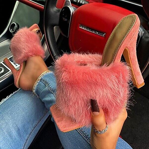 

Women's Sandals Heeled Mules High Heel Square Toe Faux Fur Pom-pom Solid Colored Dark Brown Purple Red