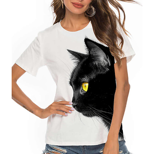 

Women's Cat 3D Printed 3D Cat T shirt Cat 3D Animal Print Round Neck Basic Tops White